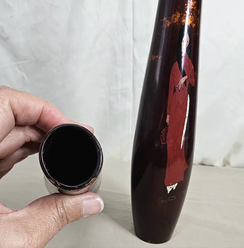 Vintage Vietnam Handicraft Lacquerware Vases Set of 2 Ao Dai Eggshell Inlay Arts